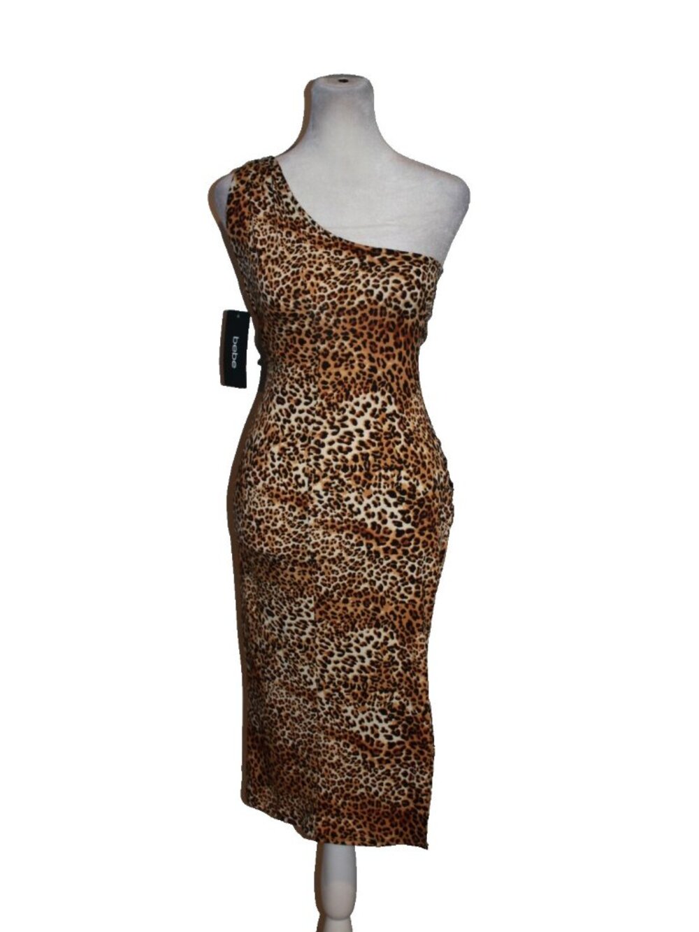 Bebe Brown Leopard Cheetah PrintOne Shoulder Bodycon Midi Dress Size XS NEW